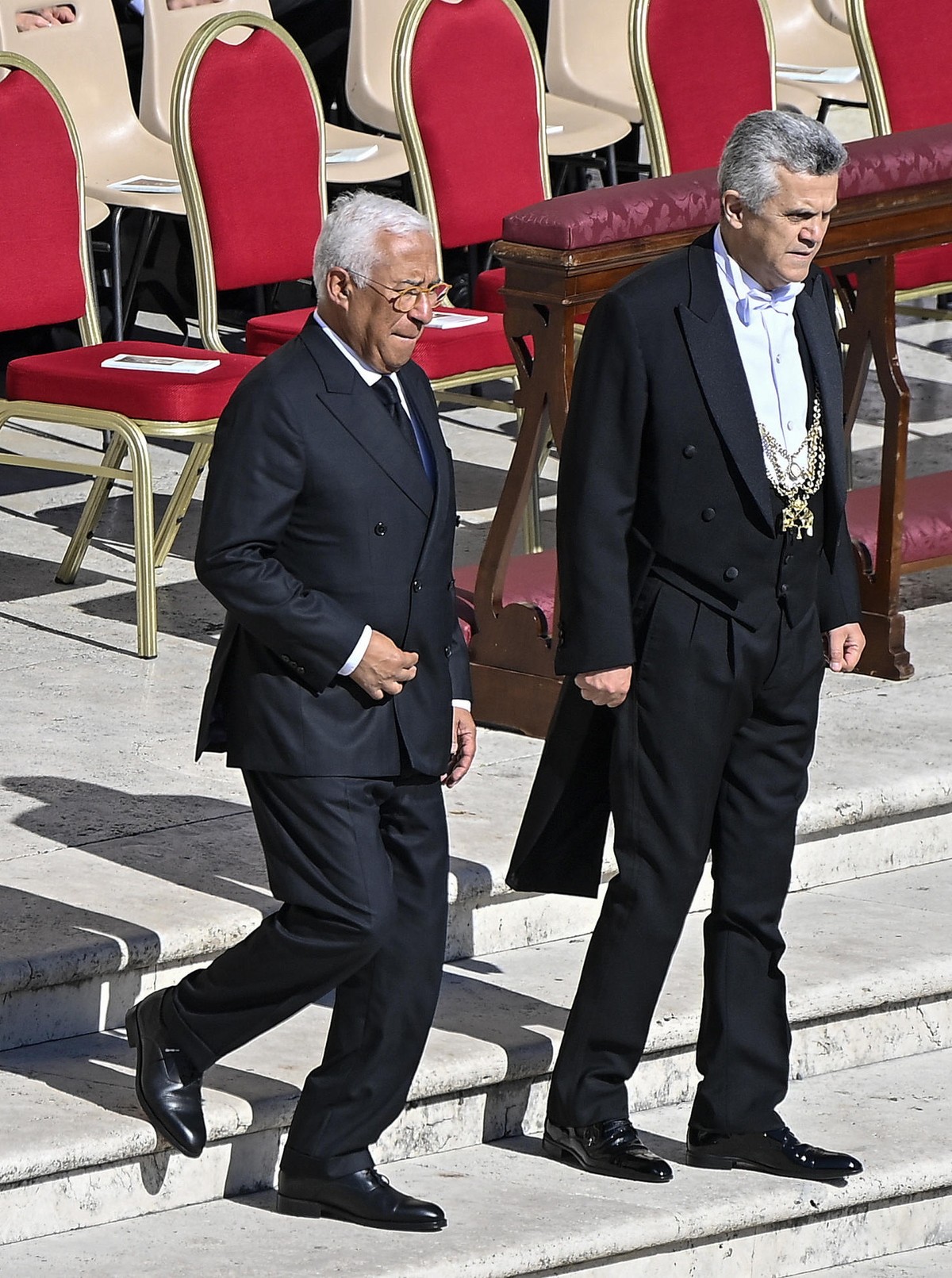 epa12055976 President of European Council Antonio Costa (L) arrives for the funeral Mass of Pope Francis in Saint Peter's Square in Vatican City, 26 April 2025. Pope Francis passed away on Easter ...