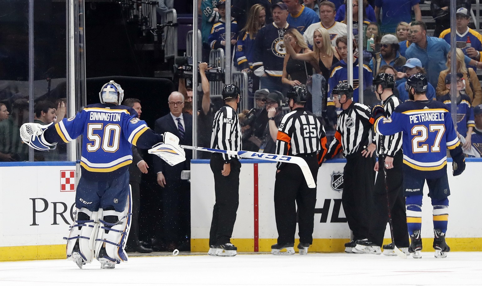 St. Louis Blues goaltender Jordan Binnington (50) and defenseman Alex Pietrangelo (27) argue against the winning goal by the San Jose Sharks in overtime of Game 3 of the NHL hockey Stanley Cup Western ...