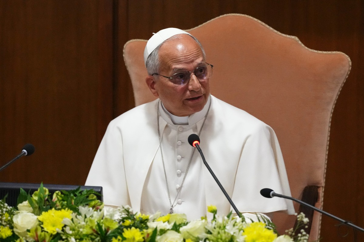Pope Leo XIV speaks during the presentation of his first encyclical, "Magnifica humanitas: On Safeguarding the Human Person in the Time of Artificial Intelligence," at the Vatican, Monday, M ...