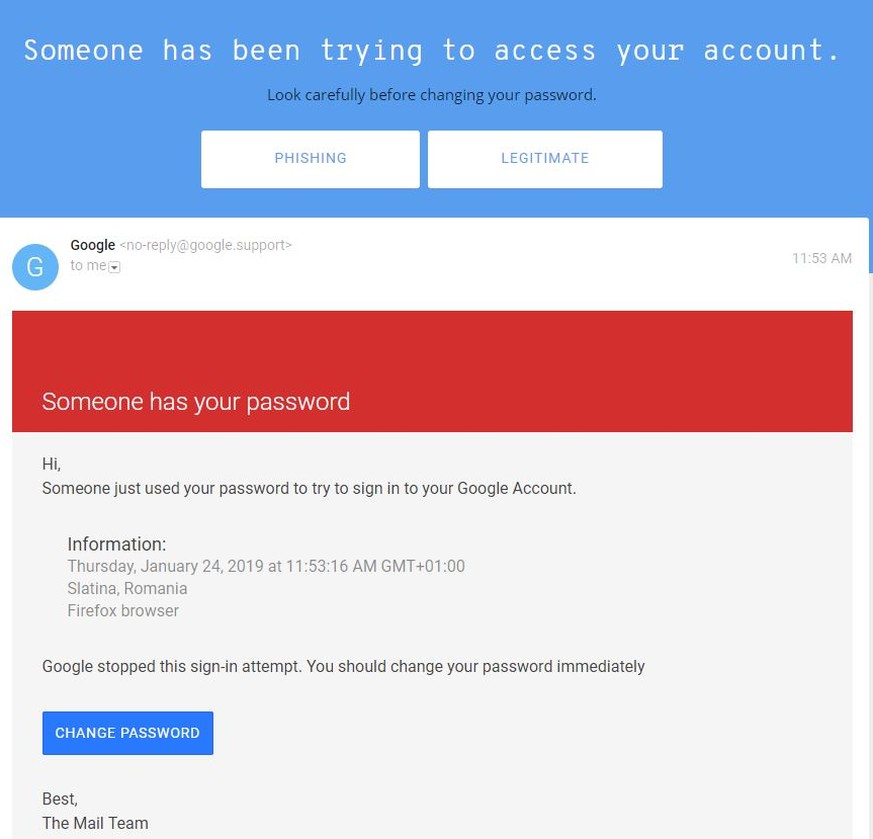 Eine Phishing-E-Mail im Namen von Google fordert zum Ändern des Gmail-Passwortes auf.&nbsp;