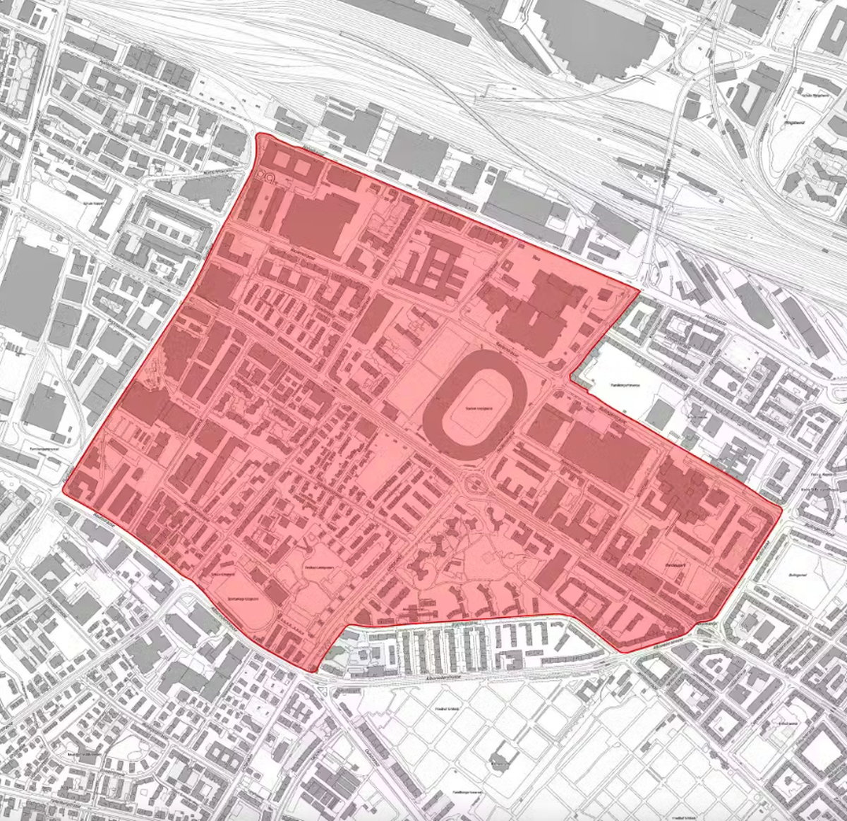 Les zones proches du stade ont été bouclées (en rose).
