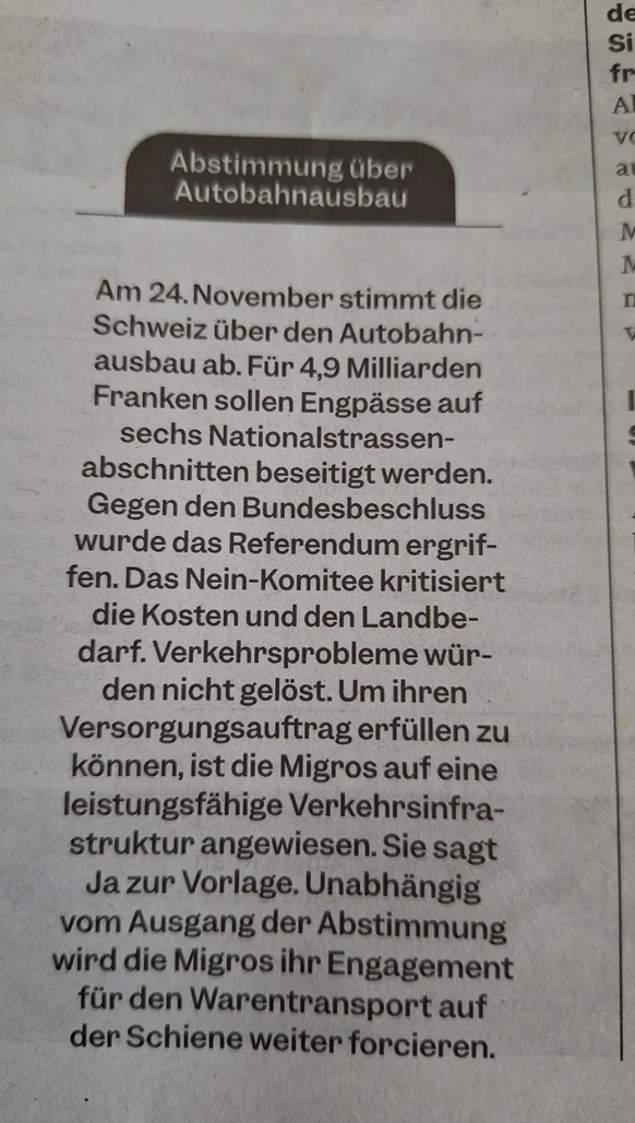 Abstimmungsparole im «Migros-Magazin»