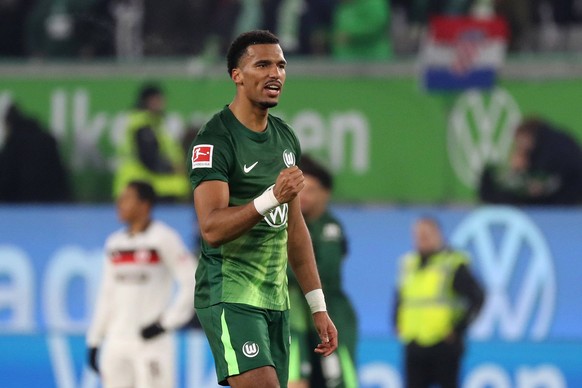 VfL vs. St. Pauli, 1. BL Wolfsburg, 14.01.2026, Fu�ball, Herren, Saison 2025/2026, 1. BL, VfL Wolfsburg vs. FC St. Pauli: Schlussjubel, Moritz Jenz VfL Wolfsburg DFL DFB REGULATIONS PROHIBIT ANY USE O ...