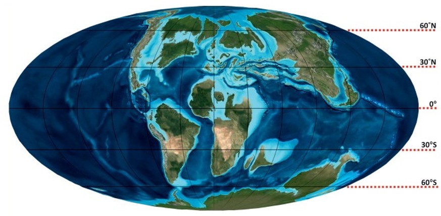 Lage der Kontinente in der Kreidezeit
By Mannion, P. D. (2013). &quot;The latitudinal biodiversity gradient through deep time&quot;. Trends in Ecology and Evolution 29 (1). DOI:10.1016/j.tree.2013.09. ...