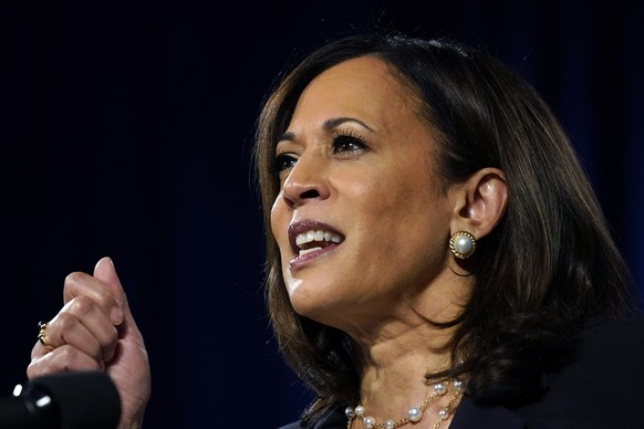 FILE - In this Aug. 27, 2020, file photo Democratic vice presidential candidate Sen. Kamala Harris, D-Calif., speaks in Washington. On Monday, Sept. 7, Harris will travel to Milwaukee, her first tradi ...