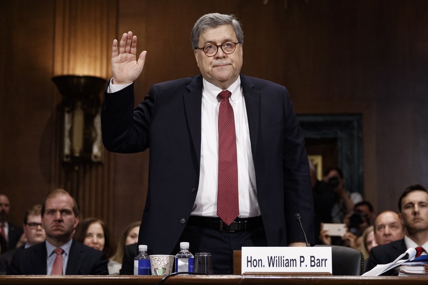 epa07540461 US Attorney General William Barr is sworn in prior to testifying before the Senate Judiciary Committee&#039;s hearing on &#039;The Justice Department&#039;s Investigation of Russian Interf ...