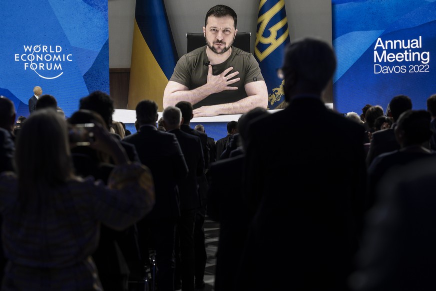 FILE - Ukrainian President Volodymyr Zelenskyy addresses the opening plenary session by videolink during the 51st annual meeting of the World Economic Forum, WEF, in Davos, Switzerland, Monday, May 23 ...
