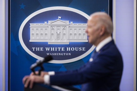 epa09801845 US President Joe Biden speaks about his administration&#039;s &#039;Made in America commitments&#039; from the Eisenhower Executive Office Building in Washington, DC, USA, 04 March 2022. A ...