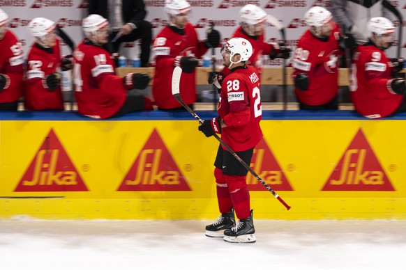 Switzerland's Timo Meier celebrates his 4-0 goal during the 2026 IIHF Men's Ice Hockey World Championship preliminary round group A game between Switzerland and Hungary, at the Swiss Life Ar ...