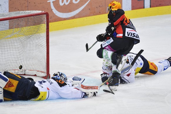 Der Berner Topscorer Mark Arcobello, Mitte, erzielt den dritten Treffer gegen die Zuger Tobias Stephan, links, und Robin Grossmann, rechts, waehrend dem Eishockey-Meisterschaftsspiel der National Leag ...