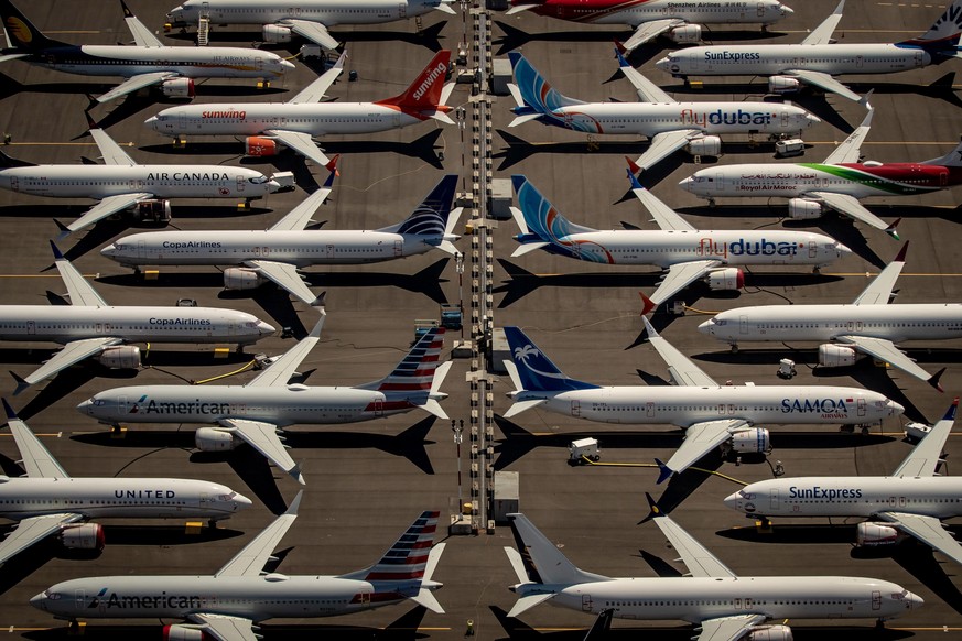 epa07737515 (FILE) - An aerial view of Boeing 737 Max 8 aircraft sitting parked at Boeing Field in Seattle, Washington, USA, 21 July 2019 (reissued 24 July 2019). Reports on 24 July 2019 state Boeing  ...