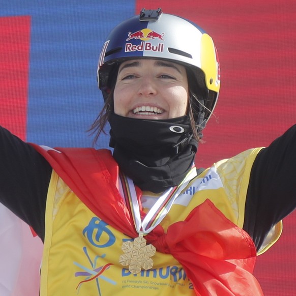 epa10494897 Gold medal winner Mathilde Gremaud of Switzerland celebrates during the award ceremony of the Women's Freeski Slopestyle competition at the FIS Snowboard, Freestyle and Freeski World ...