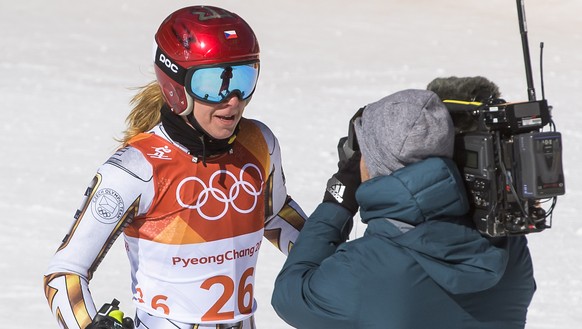 Gold medal, Ester Ledecka of Czech Republic reacts in the finish area during the women Alpine Skiing Super G race in the Jeongseon Alpine Centre during the XXIII Winter Olympics 2018 in Pyeongchang, S ...