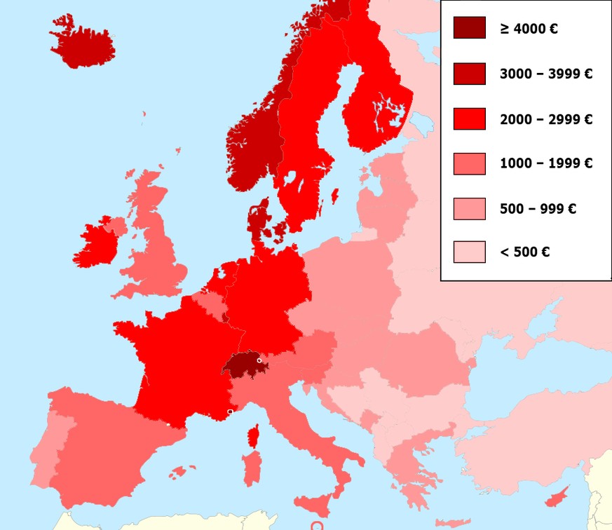 Karte Durchschnittliches Netto-Einkommen Europa, 2015/17