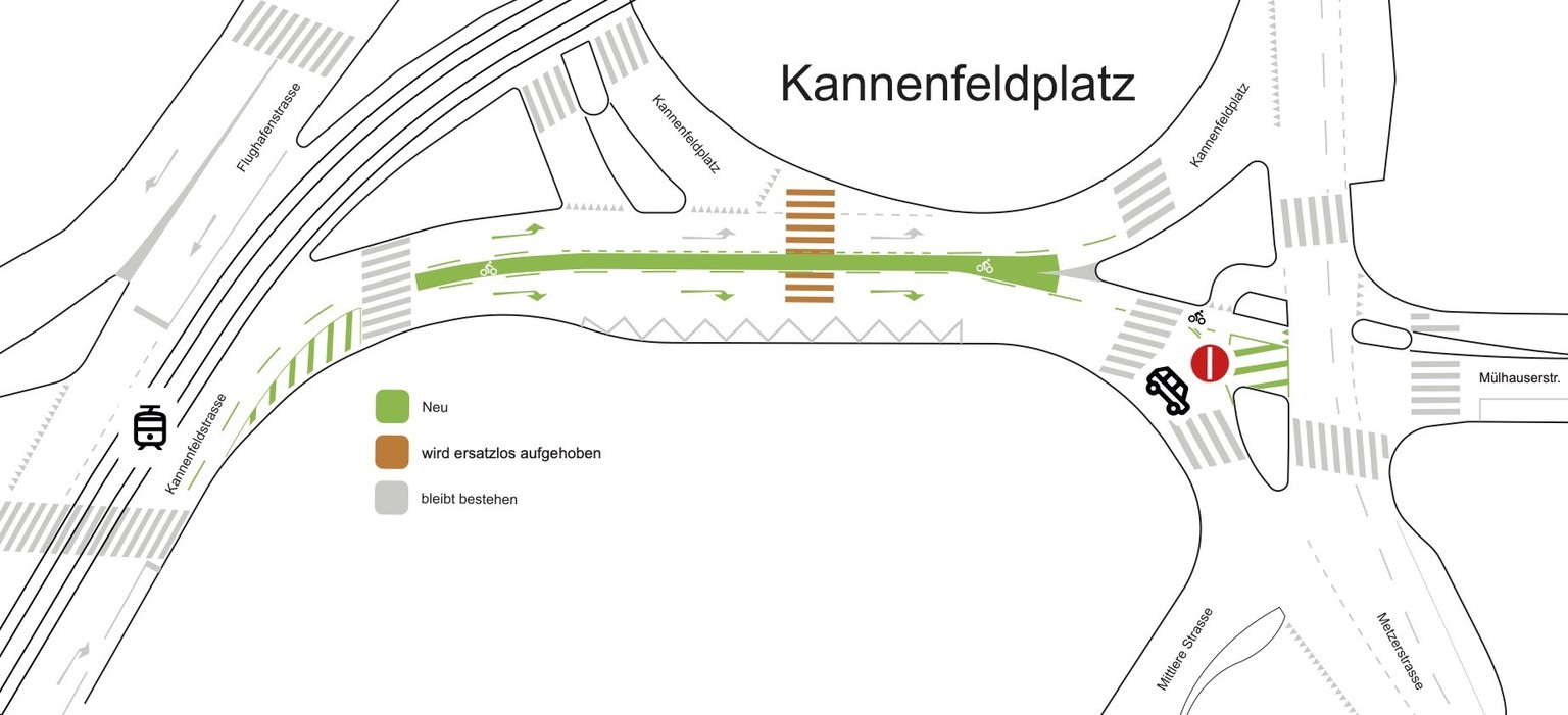 Künftig dürfen Autos nicht mehr von der Kannenfeldstrasse geradeaus in die Mülhauserstrasse im Basler St. Johann-Quartier fahren.
