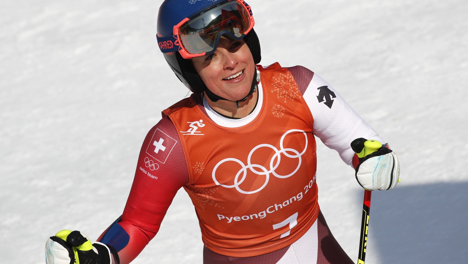 Switzerland&#039;s Lara Gut smiles after finishing women&#039;s downhill training at the 2018 Winter Olympics in Jeongseon, South Korea, Tuesday, Feb. 20, 2018. (AP Photo/Christophe Ena)