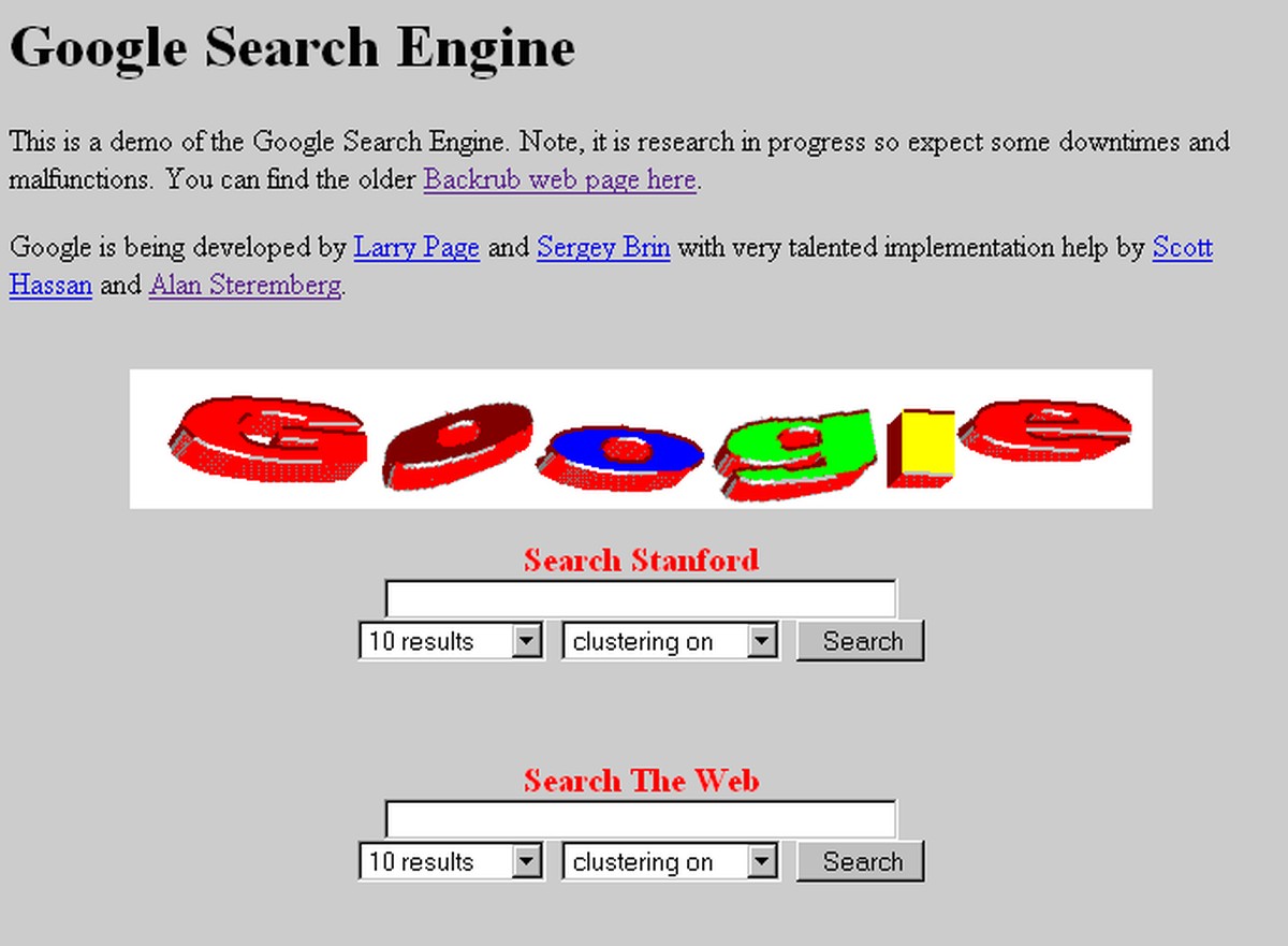 Die Adresse google.com wurde am 15.09.1997 registriert. Eine frühe Demoversion von Google kann hier angeschaut werden.