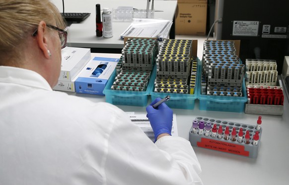 epa08379384 An view of corona tests inside the Laboratory at Bioscientia Healthcare GmbH in Ingelheim, Germany, 23 April 2020. The largest medical laboratory in Rhineland-Palatinate, Bioscientia Healt ...