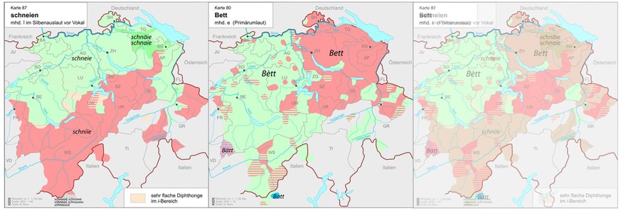 Mundart-Varianten für «schneien» (l.) und «Bett» (M.) und deren Überblendung (r.)