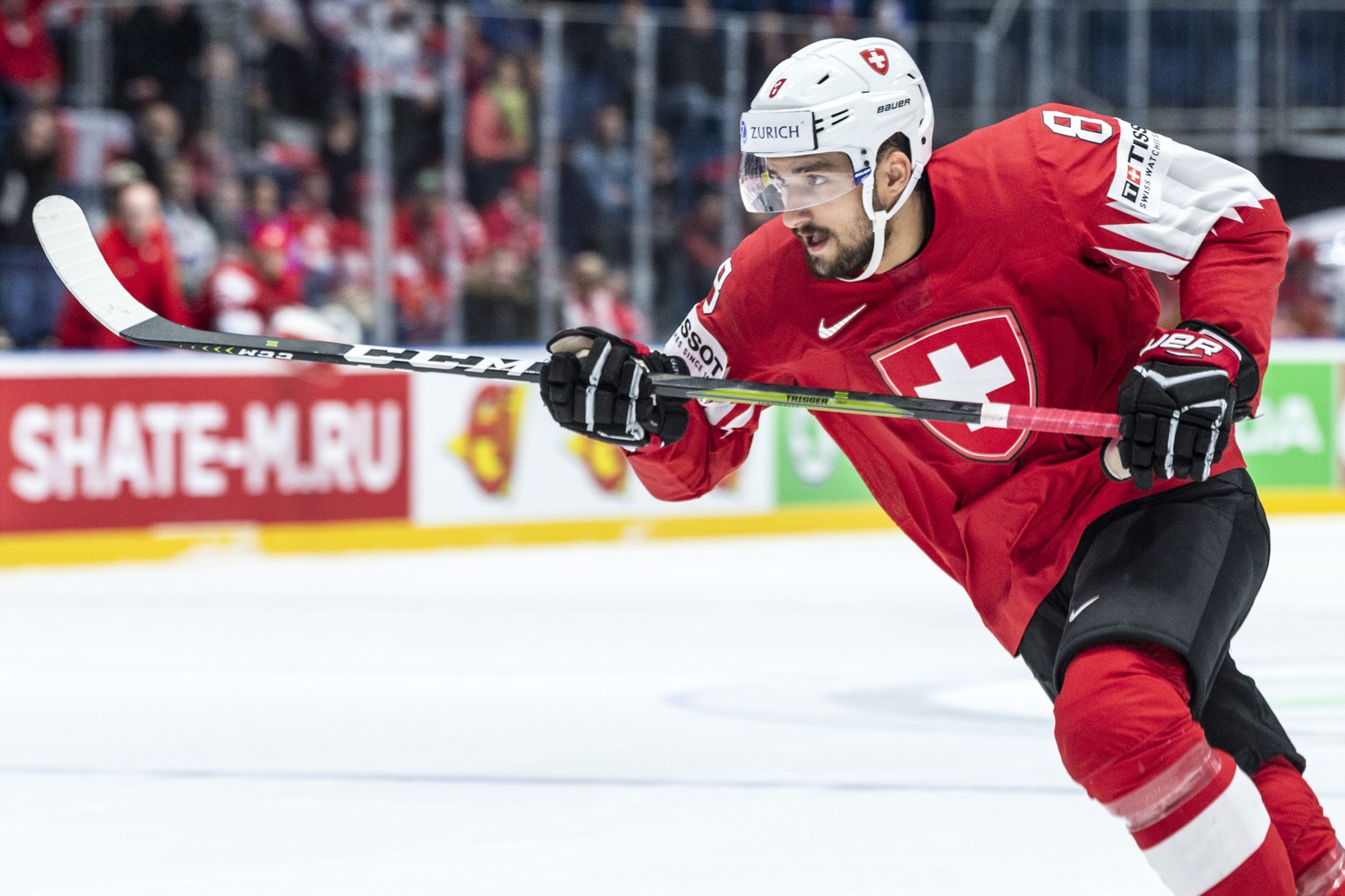 Switzerland&#039;s Vincent Praplan during the game between Switzerland and Norway, at the IIHF 2019 World Ice Hockey Championships, at the Ondrej Nepela Arena in Bratislava, Slovakia, on Wednesday, Ma ...