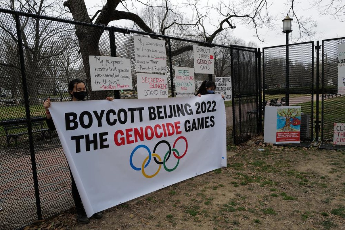 Washington, DC – March 17, 2021: Uyghur activists at the White House protest the continuing genocide against their people in China asking the Biden administration to boycott the 2022 Olympic Games.