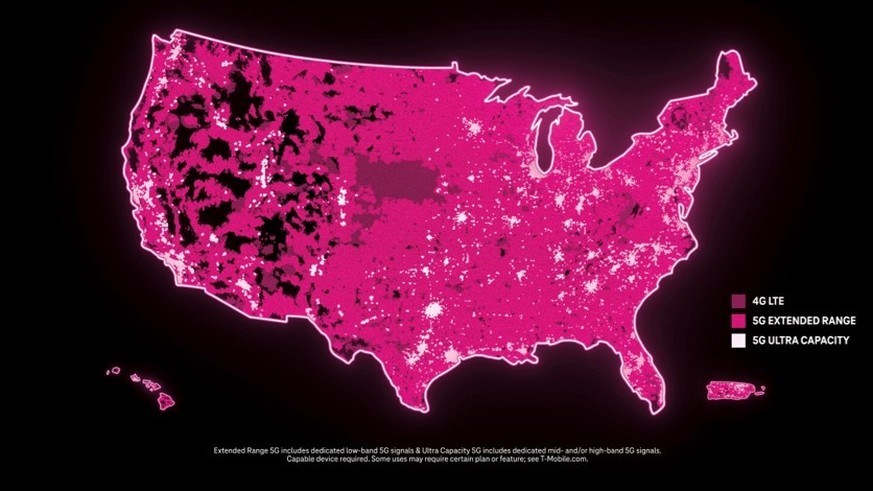 Die Mobilfunk-Netzabdeckung von T-Mobile in den USA.
