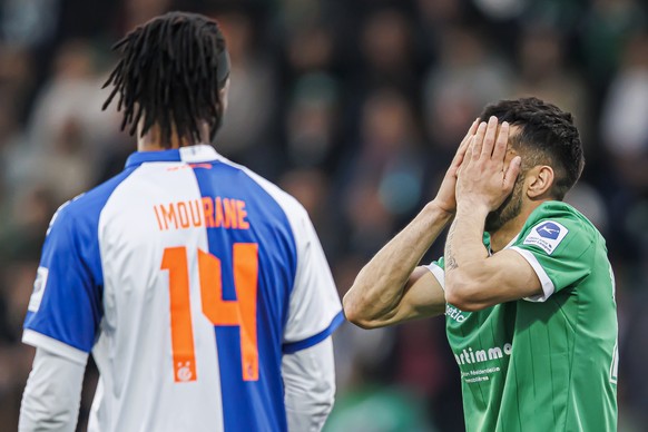 Varol Tasar (YS), droite, reagit lors de la rencontre de football de Swiss Super League entre le Yverdon Sport FC, YS, et le Grasshopper Club Zuerich, GC, ce samedi 12 avril 2025 au Stade Municipal a  ...