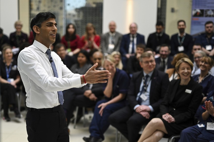 Britain&#039;s Prime Minister Rishi Sunak speaks during a Q&amp;A at Teesside University in Darlington, north-east England, Monday Jan. 30, 2023. (Oli Scarff/Pool via AP)