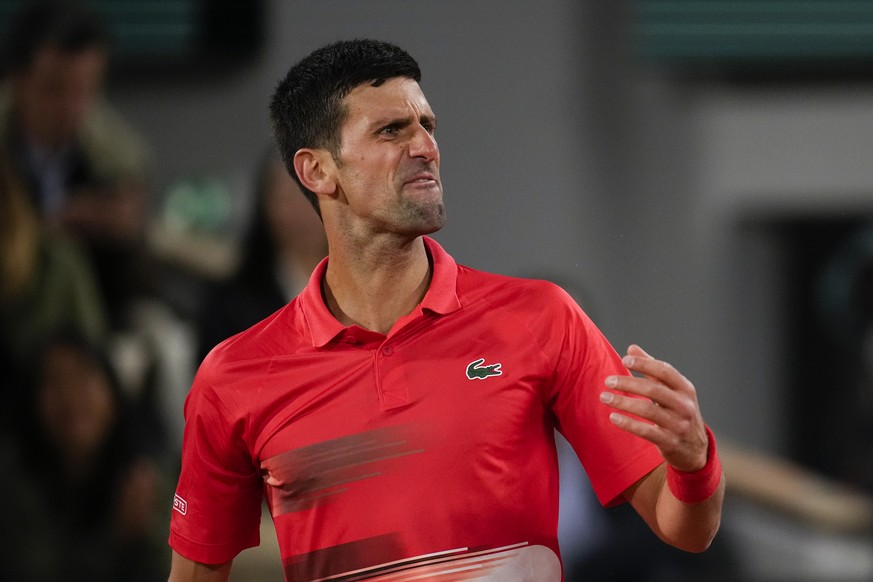 Serbia&#039;s Novak Djokovic reacts during his quarterfinal match against Spain&#039;s Rafael Nadal at the French Open tennis tournament in Roland Garros stadium in Paris, France, Tuesday, May 31, 202 ...