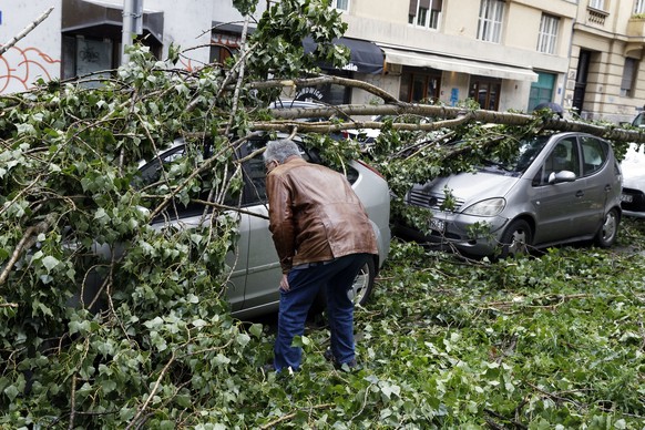 Drago Ban inspects the damage to his car from fallen branches of a tree, in Zagreb, Croatia, Monday May 13, 2019. Stormy winds have uprooted trees, knocked over traffic lights and disrupted traffic in ...