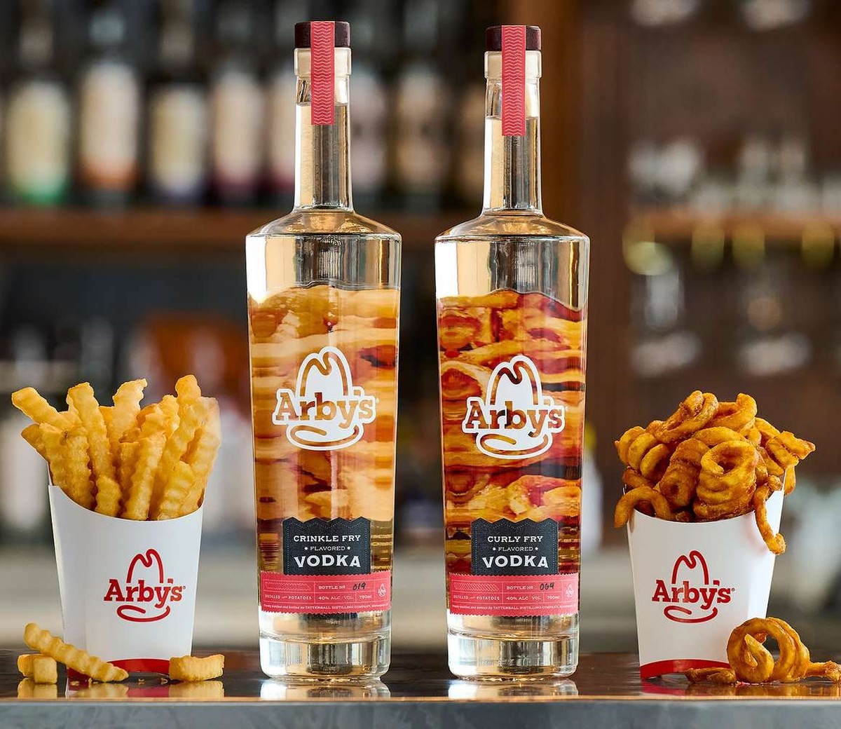 Arby's crinkle fry and curly fry vodka wodka pommes frites esse food drinks cocktails 
https://arbysvodka.com/