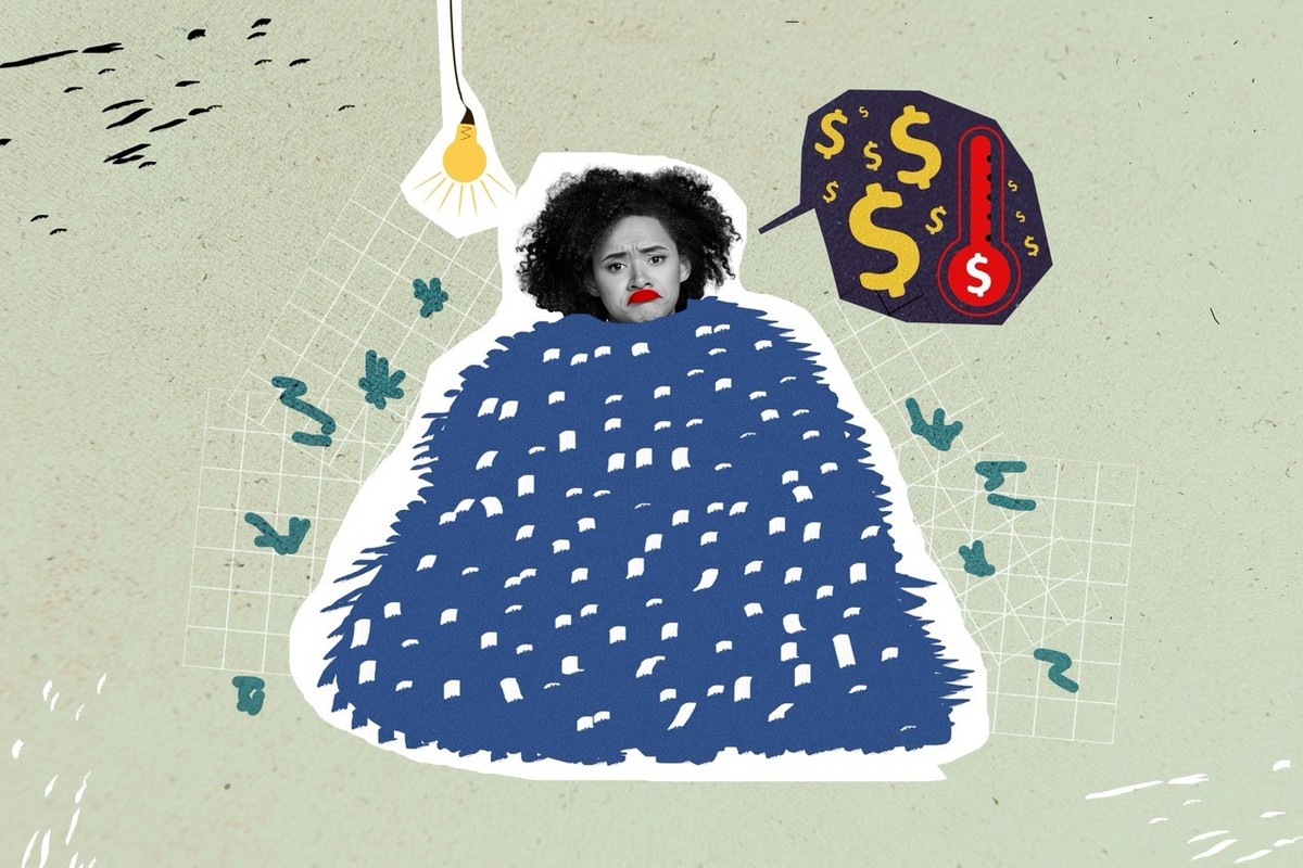 Collage 3d image pinup pop retro sketch of funny stressed moody young girl warm blanket electricity heat bills expensive cold hard winter