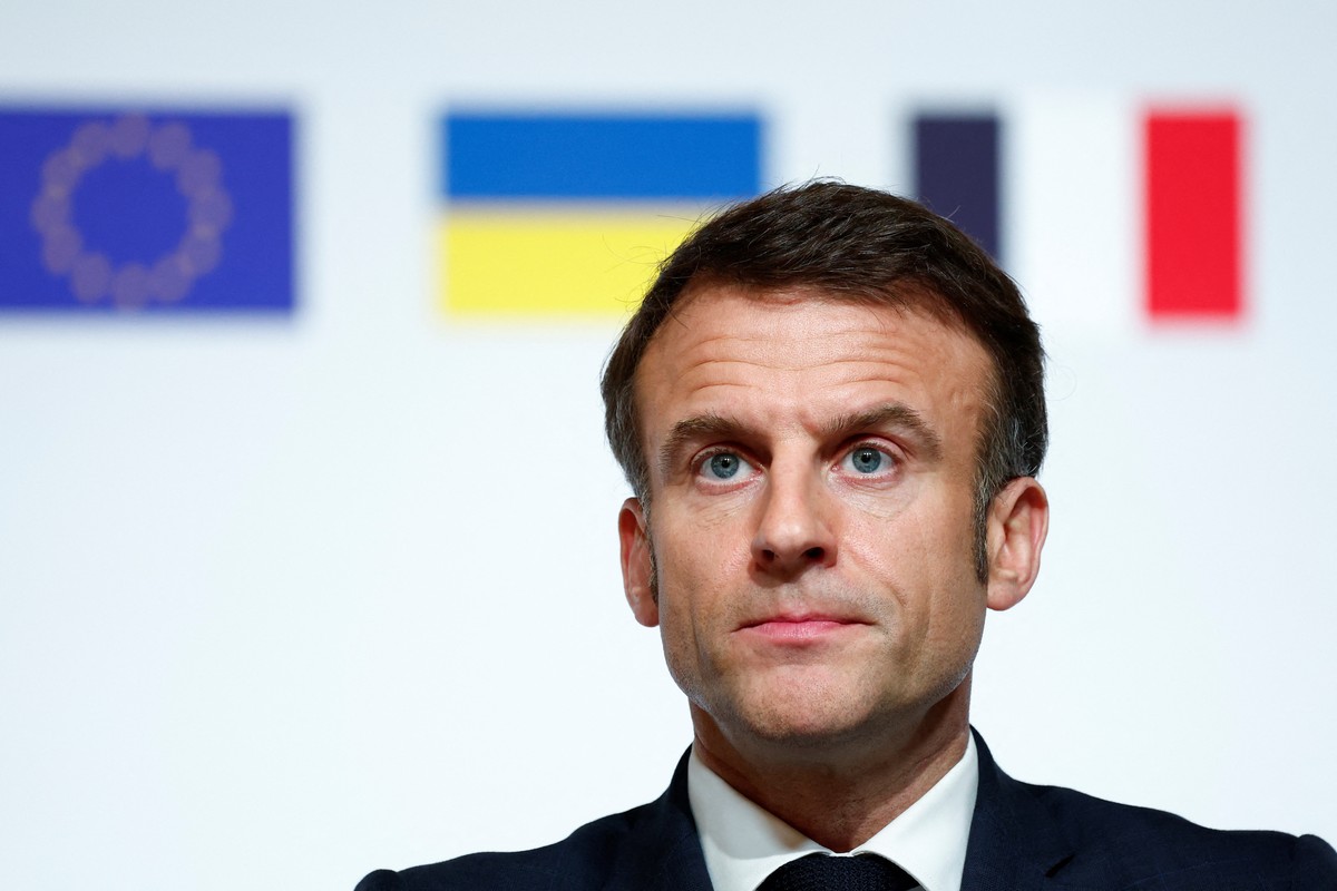 epa11183598 French President Emmanuel Macron attends a press conference at the end of the conference in support of Ukraine, with European leaders and government representatives, at the Elysee Palace i ...