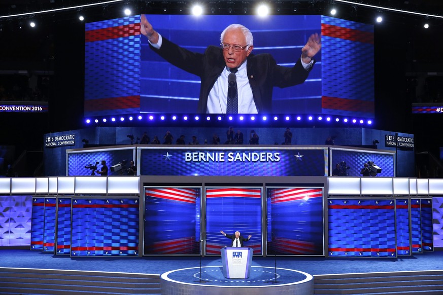 epa05441144 US Senator from Vermont and former US presidential candidate Bernie Sanders delivers remarks in the Wells Fargo Center on the first day of the 2016 Democratic National Convention (DNC) in  ...