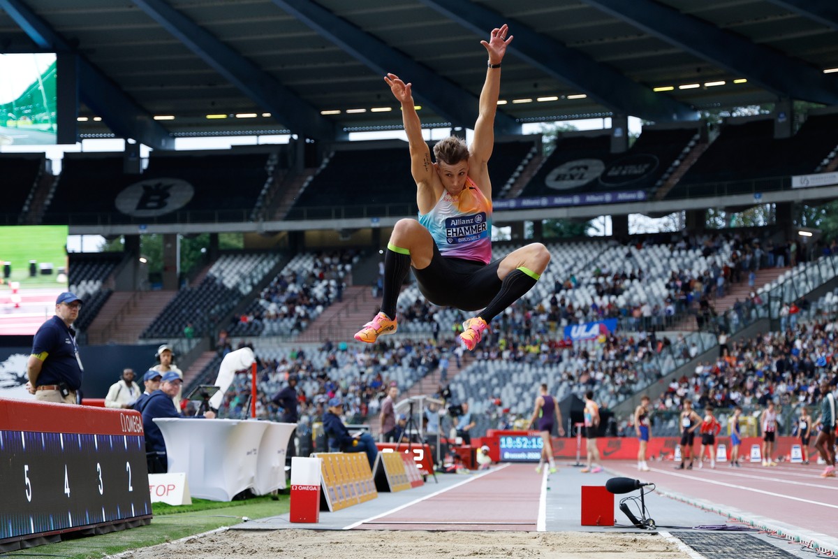 Switzerland's Simon Ehammer competes in the men's long jump at the Diamond League athletics meeting in Brussels, Friday, Sept. 4, 2026. (AP Photo/Geert Vanden Wijngaert)
Simon Ehammer