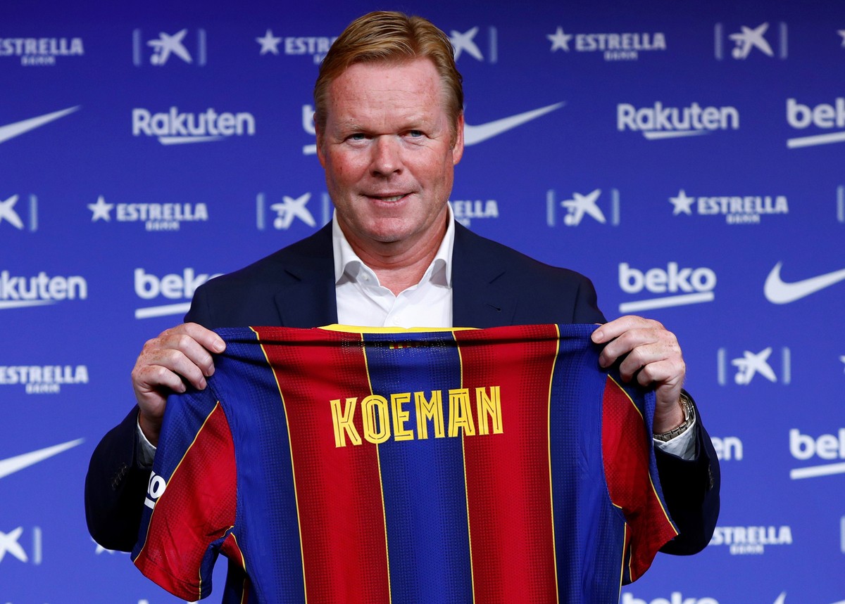 epa08613030 Dutch coach Ronald Koeman reacts during his presentation as the club's new head coach in Barcelona, Spain, 19 August 2020. Koeman, who has just rescinded contract with the Dutch Natio ...