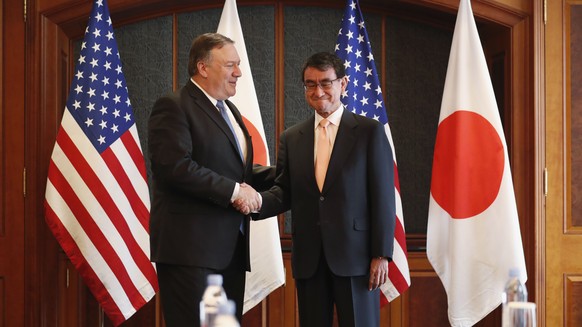 epa06805926 US Secretary of State Mike Pompeo (L) shakes hands with Japan&#039;s Foreign Minister Taro Kono (R) during a bilateral meeting at a hotel in Seoul, South Korea, 14 June 2018. US Secretary  ...