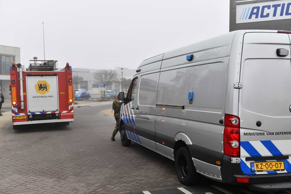 epa09047984 Explosives Clearance Service arrives at the corona testing location where an explosive occurred, in Bovenkarspel, the Netherlands, 03 March 2021. No injuries were reported in the explosion ...