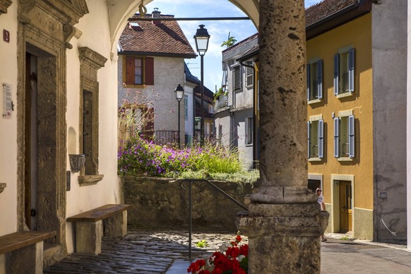Saint Gingolph, Switzerland August 8, 2020 - Historic old village of Saint Gingolph. The village has a specific geographical position because it is separated by the border between France and Switzerla ...