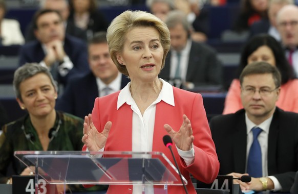 European Commission President Ursula von der Leyen delivers her speech at the European Parliament Wednesday, Nov. 27, 2019 in Strasbourg, eastern France. Ursula von der Leyen, will present her team of ...