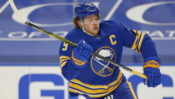 FILE - In this Feb. 15, 2021, file photo, Buffalo Sabres forward Jack Eichel skates during the second period of the team&#039;s NHL hockey game against the New York Islanders in Buffalo, N.Y. Eichel w ...