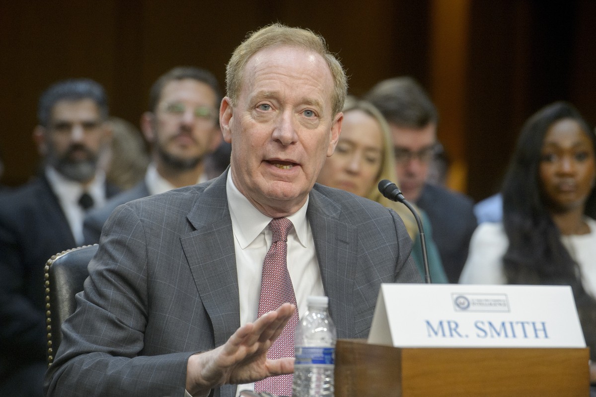 Microsoft Vice Chair and President Brad Smith testifies during a Senate Select Committee on Intelligence hearing to examine foreign threats to elections in 2024, focusing on roles and responsibilities ...