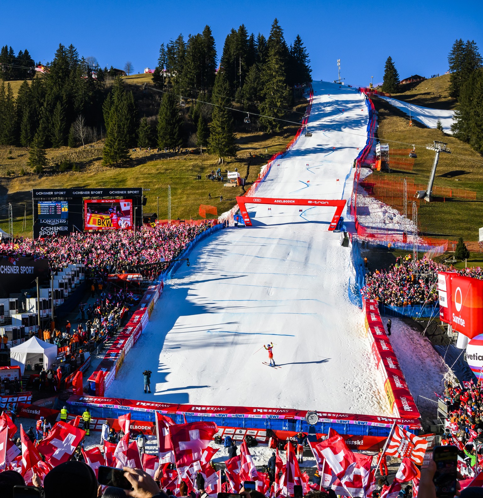 Marco Odermatt of Switzerland reacts in the finish area during the first run of the men&#039;s giant slalom race at the Alpine Skiing FIS Ski World Cup in Adelboden, Switzerland, Saturday, January 7,  ...