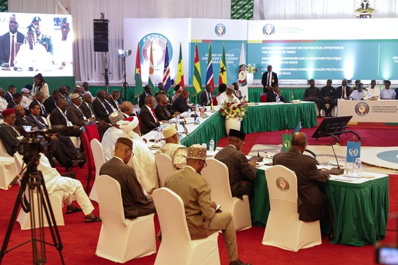 epa10793174 Leaders of the Economic Community of West African States (Ecowas) meet to discuss the political situation in Niger, in Abuja, Nigeria, 10 August 2023. Two weeks have passed since democrati ...