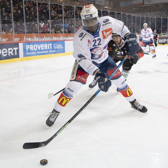 Zuerichs Dave Sutter, links, und Berns Simon Moser, rechts, kaempfen um den Puck, beim Eishockey Meisterschaftsspiel der National League zwischen dem SC Bern und den ZSC Lions, in der Postfinance Aren ...