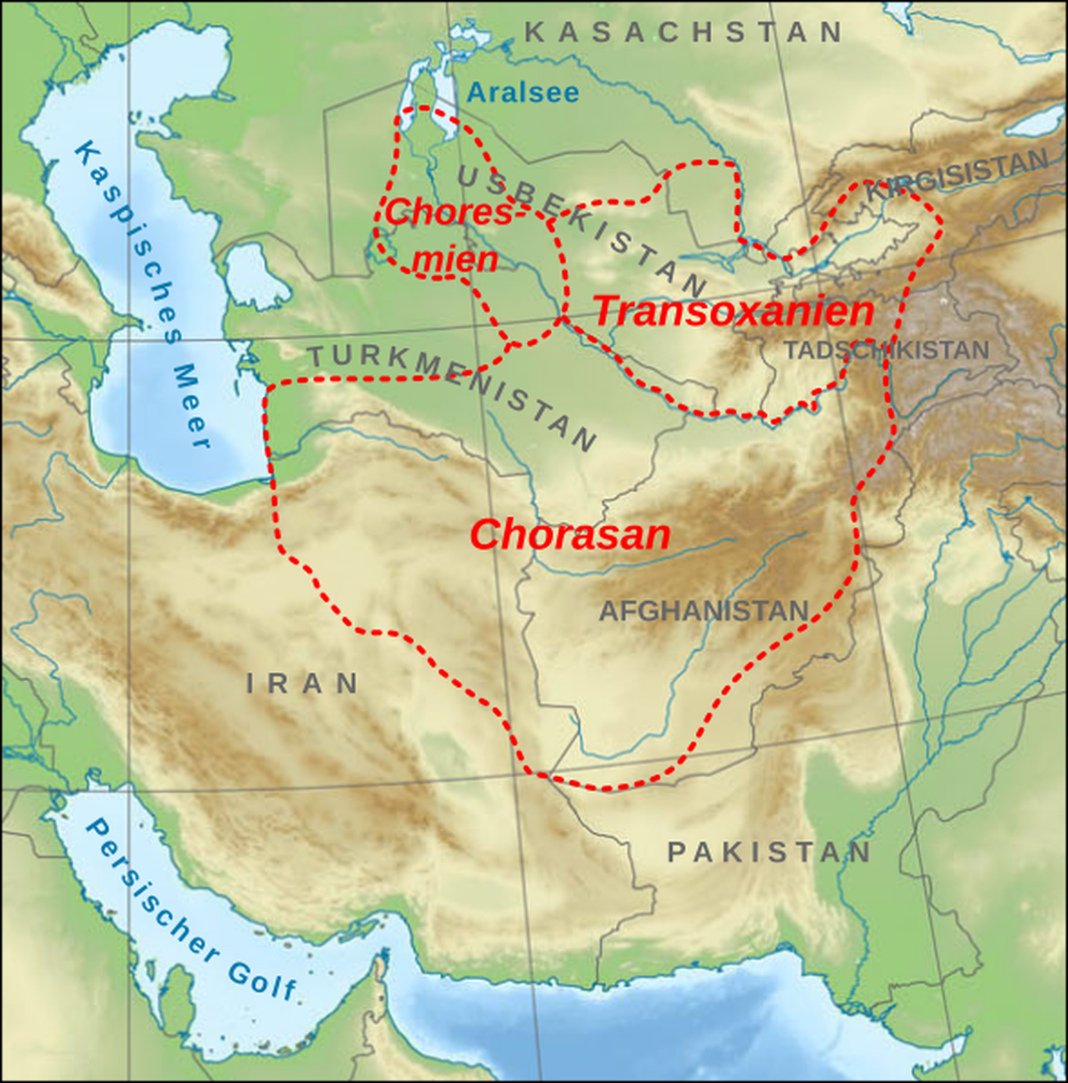 Chorasan und die Nachbarregionen Transoxanien und Choresmien in Zentralasien
https://commons.wikimedia.org/w/index.php?curid=12313398