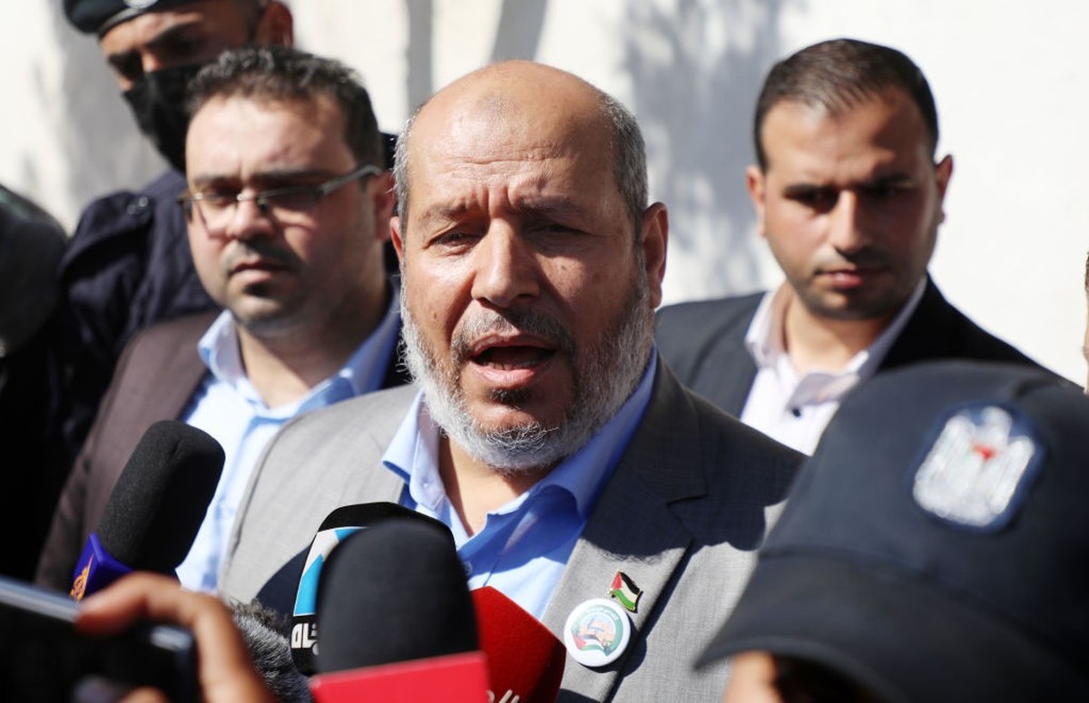 Khalil al-Hayya, Hamas's deputy leader in Gaza, arrives with other representatives to register Hamas's list for the upcoming parliamentary elections, in Gaza City March 29, 2021. 
(Photo by  ...