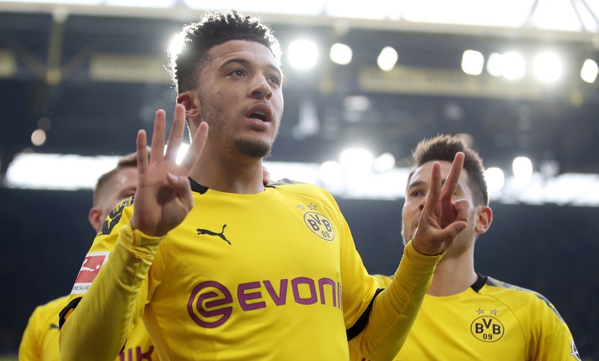 epa08185064 Dortmund&#039;s Jadon Sancho celebrates after scoring during the German Bundesliga soccer match between Borussia Dortmund and 1. FC Union Berlin in Dortmund, Germany, 01 February 2020. EPA ...