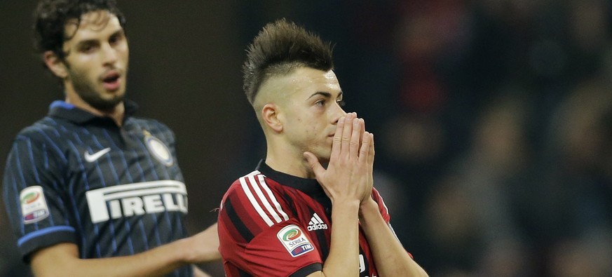 AC Milan&#039;s Stephan El Shaarawy reacts after missing a scoring chance during the Serie A soccer match between AC Milan and Inter Milan at the San Siro stadium in Milan, Italy, Sunday, Nov. 23, 201 ...