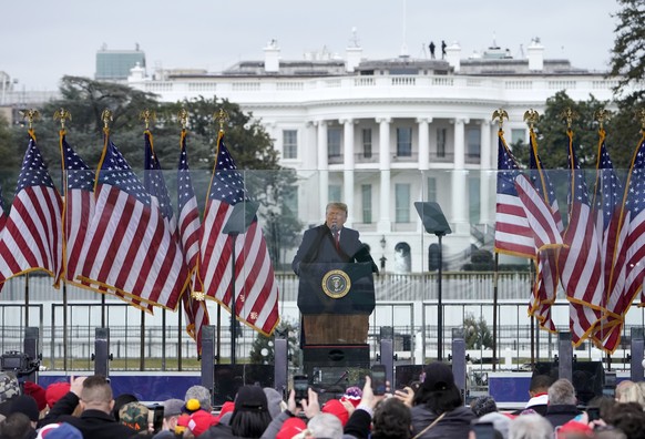 FILE - In this Jan. 6, 2021, file photo with the White House in the background, President Donald Trump speaks at a rally in Washington. The Biden administration will have a big say in whether the gove ...